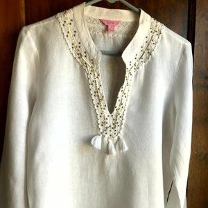 Lilly Pulitzer Embellished White Linen Tunic Blouse